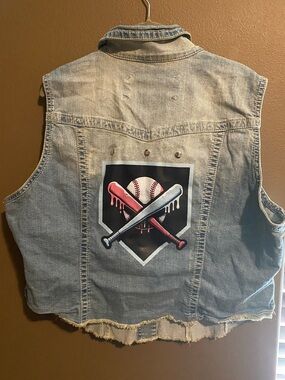 Handcrafted baseball themed Light Blue Denim Sleeveless Jacket Vest